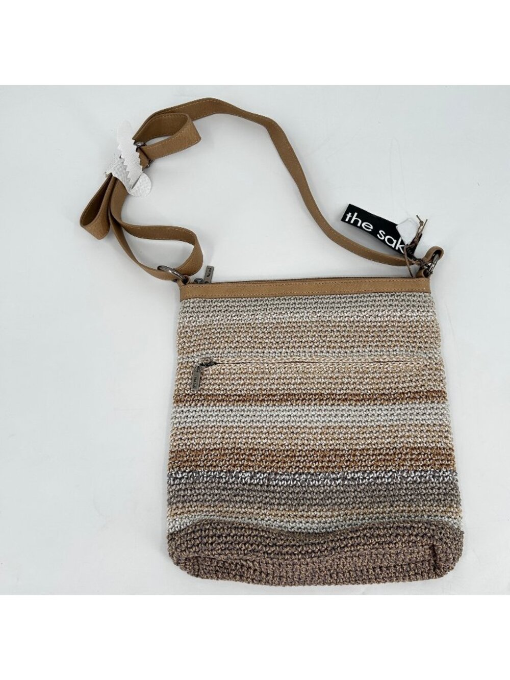 The Sak Lucia Crossbody Sand Stripe Crochet Zip Adjustable Strap Silver Pockets